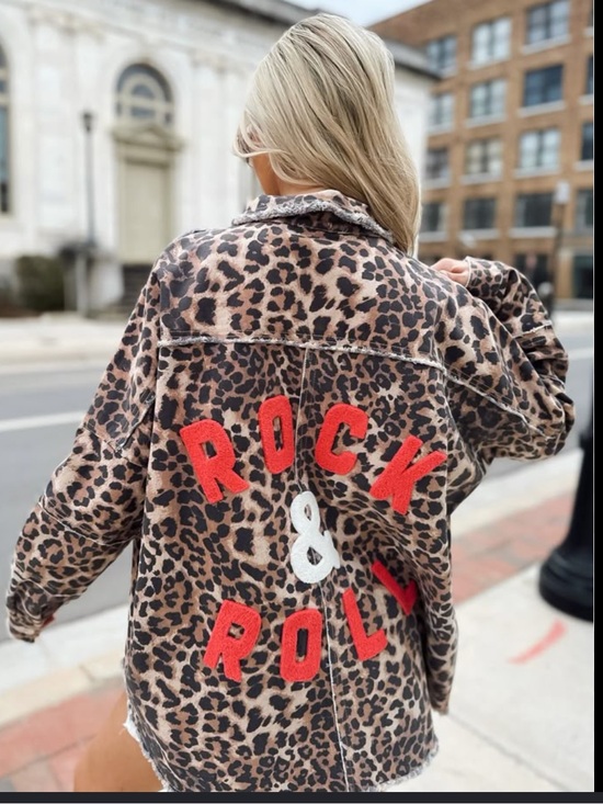 Dress Up Jackets & Blazers - Leopard Print Oversized Jean Jacket with Red 'Rock & Roll' Appliqué - Brown